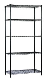 The Quantum Wire Shelving Starter Kit, measuring 36W x 12D x 54H, includes five wire shelves and four posts. It has a black epoxy antimicrobial finish and a 600-800 lb. capacity, perfect for open storage in kitchens, garages, or offices. NSF certified and shipped knocked down (KD).