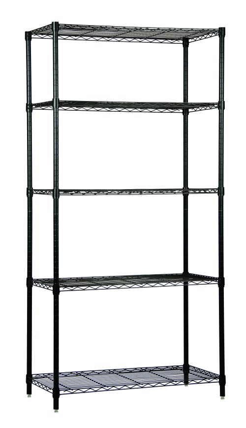 WR74-1836BK-5.jpg The Quantum Wire Shelving Starter Kit, measuring 36W x 12D x 54H, includes five wire shelves and four posts. It has a black epoxy antimicrobial finish and a 600-800 lb. capacity, perfect for open storage in kitchens, garages, or offices. NSF certified and shipped knocked down (KD).