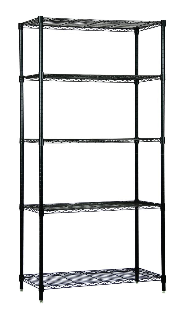 Black epoxy wire shelving unit with five shelves and numbered adjustable posts