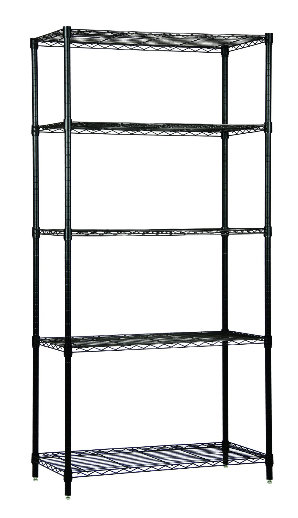 Black epoxy wire shelving unit with five shelves and numbered adjustable posts