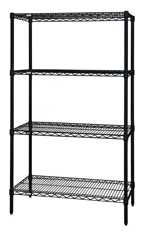 WR74-1836BK.jpg The Quantum Wire Shelving Starter Kit features a minimalist black epoxy antimicrobial finish with (4) wire shelves and (4) posts, offering spacious storage with a 600-800 lb. capacity. Perfect for garages, kitchens, or offices, it measures 36W x 12D x 54H and is shipped knocked down.