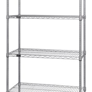 The Quantum Wire Shelving Starter Kit, NSF-certified and measuring 36W x 12D x 54H, offers sturdy chrome-plated metal construction with four adjustable wire shelves and posts. It supports 600 - 800 lb., making it perfect for versatile storage and organization.