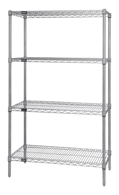 The Quantum Wire Shelving Starter Kit, NSF-certified and measuring 36W x 12D x 54H, offers sturdy chrome-plated metal construction with four adjustable wire shelves and posts. It supports 600 - 800 lb., making it perfect for versatile storage and organization.