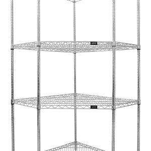 The Quantum Wire Shelving Starter Kit features a 5-sided shelf design with adjustable chrome-plated shelves, suitable for dry environments. It includes 4 shelves, 4 posts, and 16 split sleeves, ensuring stability and ventilation. NSF certified and shipped KD with adjustable feet.