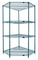 The Quantum Wire Shelving Starter Kit features a green epoxy antimicrobial finish and a five-sided shelf design with four hexagonal metal grid shelves. Supported by four posts, it includes sixteen split sleeves for stability in various environments, ideal for both dry and humid conditions.