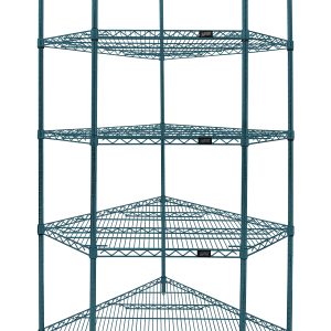 The Quantum Wire Shelving Starter Kit features a teal 5-sided design with 5 shelves, 4 posts, and 20 split sleeves. Its antimicrobial green epoxy finish is suited for all environments, providing open visibility and easy access for compact corner storage. Shipped KD and NSF certified.