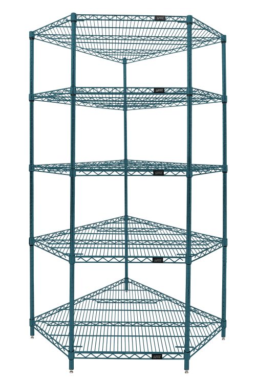 WR74-1836CRNP-5.jpg The Quantum Wire Shelving Starter Kit features a teal 5-sided design with 5 shelves, 4 posts, and 20 split sleeves. Its antimicrobial green epoxy finish is suited for all environments, providing open visibility and easy access for compact corner storage. Shipped KD and NSF certified.