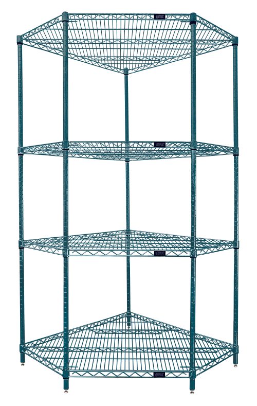 WR74-1836CRNP.jpg The Quantum Wire Shelving Starter Kit features a green epoxy antimicrobial finish and a five-sided shelf design with four hexagonal metal grid shelves. Supported by four posts, it includes sixteen split sleeves for stability in various environments, ideal for both dry and humid conditions.