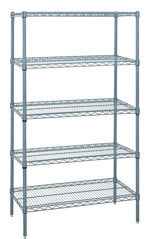 WR74-1836GY-5.jpg The Quantum Wire Shelving Starter Kit, measuring 36W x 12D x 54H, includes five wire shelves and four posts. It supports 600-800 lbs., features an antimicrobial gray epoxy finish, NSF certification, and is perfect for home or workspace organization with its adjustable feet. Shipped KD.