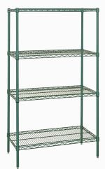 The Quantum Wire Shelving Starter Kit, measuring 36W x 12D x 54H, includes four wire shelves and four posts with a green epoxy antimicrobial finish. Its ideal for utility and industrial use, offering adjustable storage solutions with NSF certification and a 600-800 lb. capacity. Ships KD.