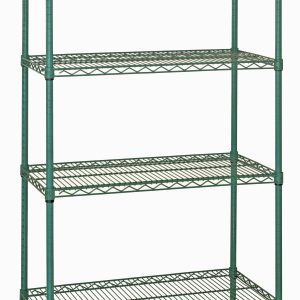 The Quantum Wire Shelving Starter Kit, measuring 36W x 12D x 54H, includes four wire shelves and four posts with a green epoxy antimicrobial finish. Its ideal for utility and industrial use, offering adjustable storage solutions with NSF certification and a 600-800 lb. capacity. Ships KD.