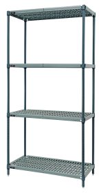 The Quantum Wire Plastic Mat Shelving Unit is a stationary, 4-tier structure with a grid pattern and green epoxy antimicrobial coating. Measuring 30W x 18D x 63H, it holds up to 600-800 lb. per tier. It includes plastic wire mats, wire frames, and posts for reliable storage.