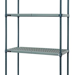The Quantum Wire Plastic Mat Shelving Unit is a stationary, 4-tier structure with a grid pattern and green epoxy antimicrobial coating. Measuring 30W x 18D x 63H, it holds up to 600-800 lb. per tier. It includes plastic wire mats, wire frames, and posts for reliable storage.