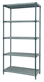 The Quantum Wire Plastic Mat Shelving Unit is a stationary 5-tier shelf with a grid pattern, measuring 30W x 18D x 74H, and supports up to 800 lb. per shelf. It includes wire mats, frames, posts, split sleeves, and features a green epoxy antimicrobial coating.