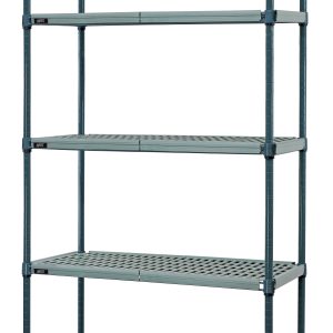 The Quantum Wire Plastic Mat Shelving Unit is a stationary 5-tier shelf with a grid pattern, measuring 30W x 18D x 74H, and supports up to 800 lb. per shelf. It includes wire mats, frames, posts, split sleeves, and features a green epoxy antimicrobial coating.