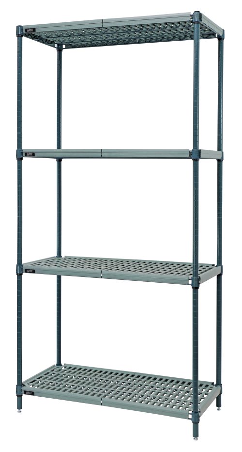 The Quantum Wire Plastic Mat Shelving Unit is a stationary, 4-tier structure with a grid pattern and green epoxy antimicrobial coating. Measuring 30W x 18D x 63H, it holds up to 600-800 lb. per tier. It includes plastic wire mats, wire frames, and posts for reliable storage.