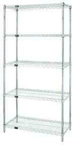 The Quantum Wire Shelving Starter Kit, measuring 36W x 12D x 54H, features a tall five-tier design with adjustable shelves. Made of sturdy 304 stainless steel, it includes (5) wire shelves and (4) posts, providing optimal organization for various items with a capacity of 600-800 lbs.