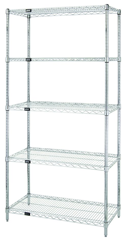 The Quantum Wire Shelving Starter Kit, measuring 36W x 12D x 54H, features a tall five-tier design with adjustable shelves. Made of sturdy 304 stainless steel, it includes (5) wire shelves and (4) posts, providing optimal organization for various items with a capacity of 600-800 lbs.
