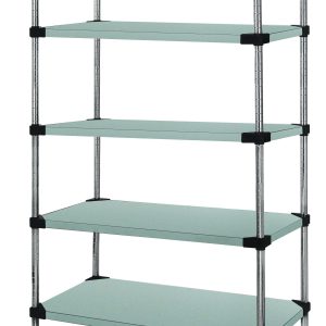 Presenting the Quantum Solid Shelving Starter Kit: a 36W x 14D x 54H five-tier unit with a 300-600 lb capacity. Includes five solid shelves and four posts, made of 304 stainless steel for stylish and efficient space organization. NSF certified and shipped knocked down (KD).