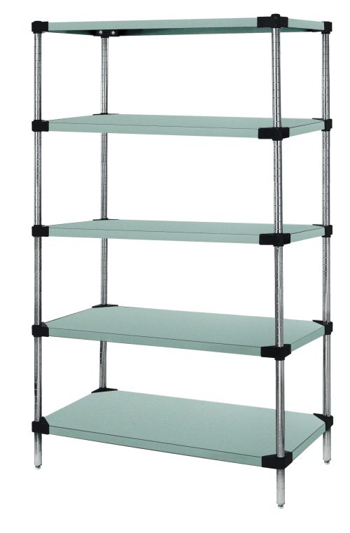 WR74-SS-5.jpg Presenting the Quantum Solid Shelving Starter Kit: a 36W x 14D x 54H five-tier unit with a 300-600 lb capacity. Includes five solid shelves and four posts, made of 304 stainless steel for stylish and efficient space organization. NSF certified and shipped knocked down (KD).
