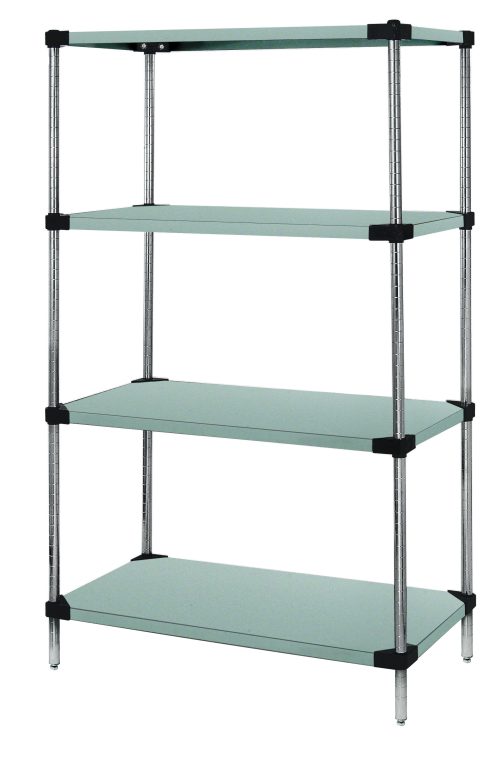 WR74-SS.jpg The NSF-certified Quantum Solid Shelving Starter Kit, 36W x 14D x 54H, supports 300 - 600 lbs. and includes four solid stainless steel shelves and four posts, making it ideal for storage or display.