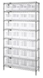 The Quantum Bin Wire Shelving System is a tall, durable unit sized at 36W x 12D x 74H with eight shelves and 28 QUS239 clear bins. It features a chrome-plated finish, adjustable legs for stability, and ships KD, ideal for organization with an industrial look.
