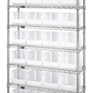 The Quantum Bin Wire Shelving System is a tall, durable unit sized at 36W x 12D x 74H with eight shelves and 28 QUS239 clear bins. It features a chrome-plated finish, adjustable legs for stability, and ships KD, ideal for organization with an industrial look.