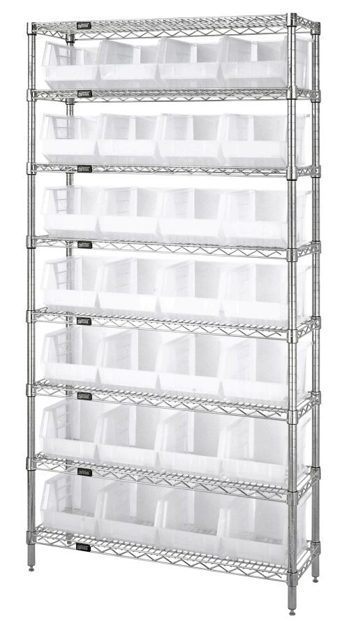 The Quantum Bin Wire Shelving System is a tall, durable unit sized at 36W x 12D x 74H with eight shelves and 28 QUS239 clear bins. It features a chrome-plated finish, adjustable legs for stability, and ships KD, ideal for organization with an industrial look.