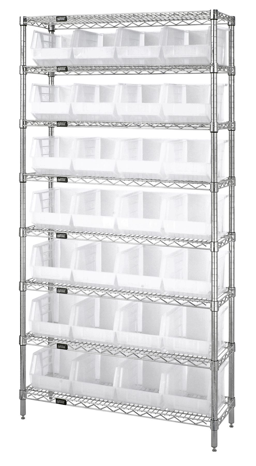 Chrome wire shelving unit with seven shelves of clear shelf bins