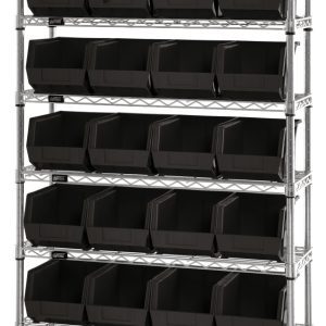 The Quantum Bin Wire Shelving System, 36W x 12D x 74H, has a chrome-plated finish with eight shelves holding up to 800 lbs each, and includes 28 QUS239 black bins for optimal organization.