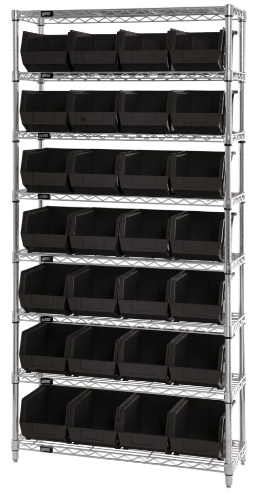 The Quantum Bin Wire Shelving System, 36W x 12D x 74H, has a chrome-plated finish with eight shelves holding up to 800 lbs each, and includes 28 QUS239 black bins for optimal organization.