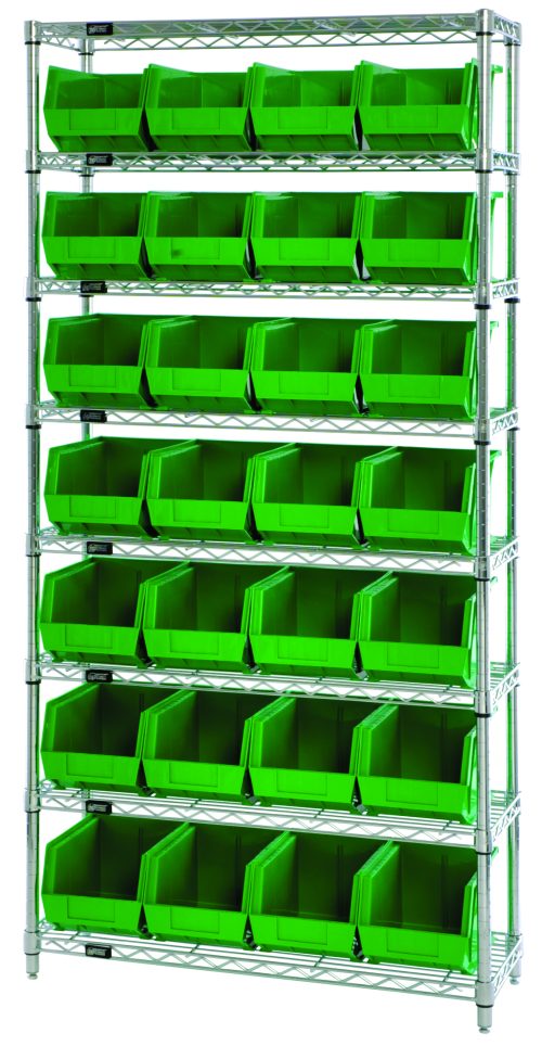 The Quantum Bin Wire Shelving System has a chrome finish and holds 28 Qus239 green bins on eight shelves. Each tier supports up to 800 lbs, offering ample and organized storage with an industrial look. Dimensions are 36W x 12D x 74H and it ships knockdown.