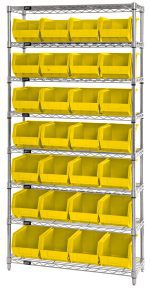 The Quantum Bin Wire Shelving System, chrome-plated and 36W x 12D x 74H, boasts a load capacity of 800 lbs per shelf. It includes eight shelves and 28 Qus239 vibrant yellow bins, organized in a neat grid pattern across the structure.