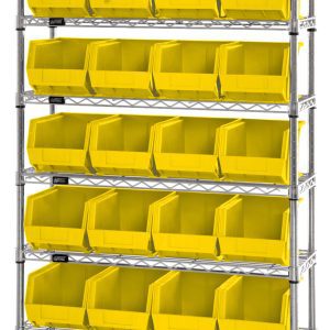 The Quantum Bin Wire Shelving System, chrome-plated and 36W x 12D x 74H, boasts a load capacity of 800 lbs per shelf. It includes eight shelves and 28 Qus239 vibrant yellow bins, organized in a neat grid pattern across the structure.