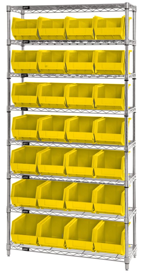 The Quantum Bin Wire Shelving System, chrome-plated and 36W x 12D x 74H, boasts a load capacity of 800 lbs per shelf. It includes eight shelves and 28 Qus239 vibrant yellow bins, organized in a neat grid pattern across the structure.
