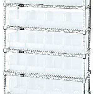 The chrome-plated Quantum Bin Wire Shelving System, measuring 36W x 14D x 74H, features seven adjustable levels, (8) shelves, and (28) QUS240 clear bins for versatile organization with an 800 lbs load capacity per shelf.