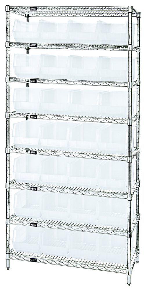 WR8-240CL.jpg The chrome-plated Quantum Bin Wire Shelving System, measuring 36W x 14D x 74H, features seven adjustable levels, (8) shelves, and (28) QUS240 clear bins for versatile organization with an 800 lbs load capacity per shelf.