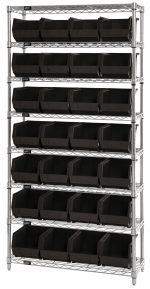 The Quantum Bin Wire Shelving System measures 36W x 14D x 74H, features a chrome-plated finish with eight shelves each holding up to 800 lbs, and comes with 28 QUS240 black bins. It is shipped KD for easy assembly and optimal space management.