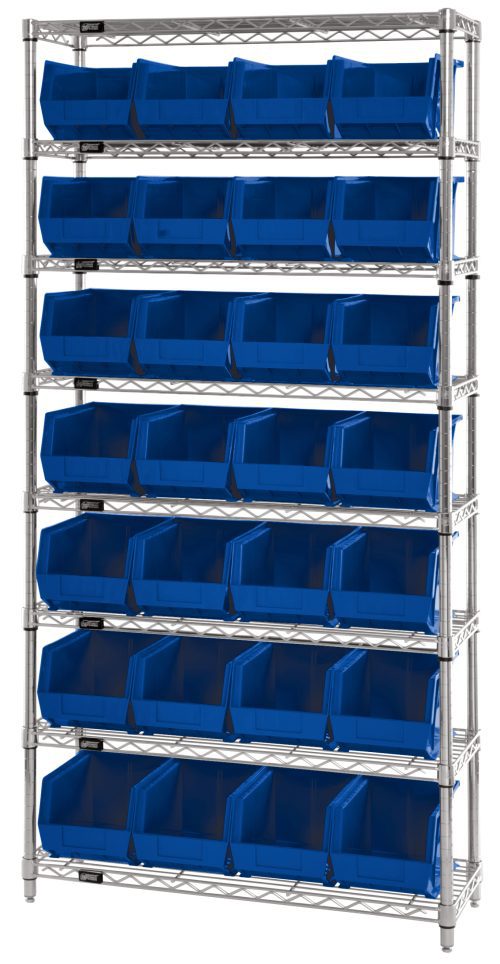 The Quantum Bin Wire Shelving System, measuring 36W x 14D x 74H, offers an industrial design with eight shelves and 28 QUS240 blue bins. With a chrome finish and shipped KD, it supports up to 800 lbs per shelf, making it an ideal choice for organized storage solutions.