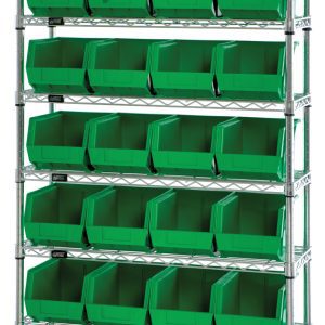 The Quantum Bin Wire Shelving System, measuring 36W x 14D x 74H, boasts a glossy chrome-plated finish and includes 8 shelves with each holding up to 800 lbs. It comes with 28 QUS240 green bins featuring open fronts for easy access, combining elegance with ample storage space.