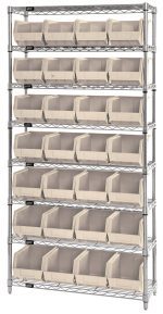 The Quantum Bin Wire Shelving System, measuring 36W x 14D x 74H, has eight chrome-plated shelves with a load capacity of 800 lbs each. It includes 28 open-topped ivory bins for organizing items and is shipped KD.