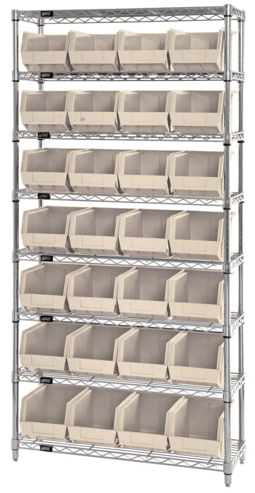 WR8-240_IV.jpg The Quantum Bin Wire Shelving System, measuring 36W x 14D x 74H, has eight chrome-plated shelves with a load capacity of 800 lbs each. It includes 28 open-topped ivory bins for organizing items and is shipped KD.