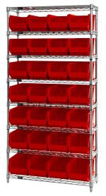 The Quantum Bin Wire Shelving System, measuring 36W x 14D x 74H, has eight shelves and includes 28 QUS240 red bins. It features a chrome-plated finish and is designed to hold up to 800 lbs per shelf, offering an organized and neat appearance.