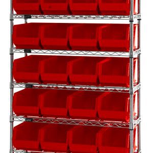 The Quantum Bin Wire Shelving System, measuring 36W x 14D x 74H, has eight shelves and includes 28 QUS240 red bins. It features a chrome-plated finish and is designed to hold up to 800 lbs per shelf, offering an organized and neat appearance.
