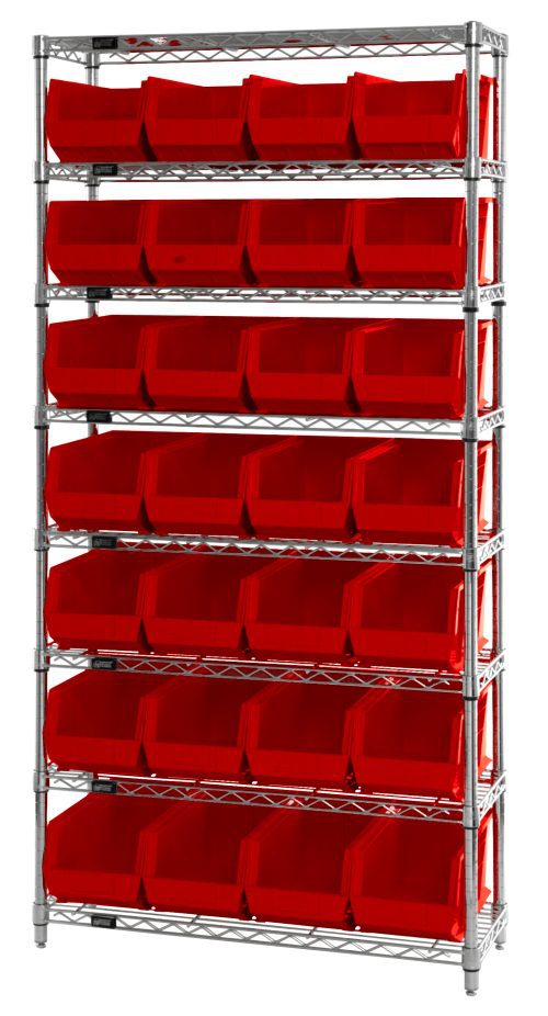 WR8-240_RD.jpg The Quantum Bin Wire Shelving System, measuring 36W x 14D x 74H, has eight shelves and includes 28 QUS240 red bins. It features a chrome-plated finish and is designed to hold up to 800 lbs per shelf, offering an organized and neat appearance.