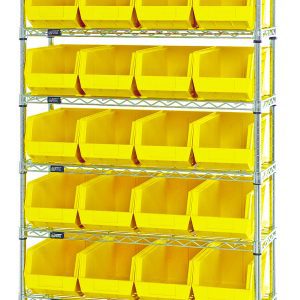 The Quantum Bin Wire Shelving System, measuring 36W x 14D x 74H, features a chrome-plated frame with eight shelves and includes 28 QUS240 yellow bins. Each shelf supports up to 800 lbs, offering ample organized storage. It is shipped KD for easy assembly.
