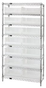 The chrome-plated Quantum Bin Wire Shelving System measures 36W x 14D x 74H and supports up to 800 lbs per shelf. It features eight shelves and fourteen QUS250 clear bins, offering a wireframe design for better visibility and access. Shipped KD.