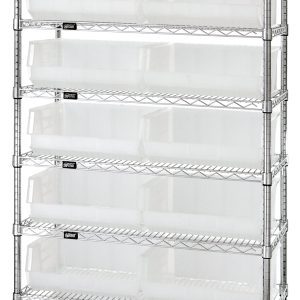 The chrome-plated Quantum Bin Wire Shelving System measures 36W x 14D x 74H and supports up to 800 lbs per shelf. It features eight shelves and fourteen QUS250 clear bins, offering a wireframe design for better visibility and access. Shipped KD.