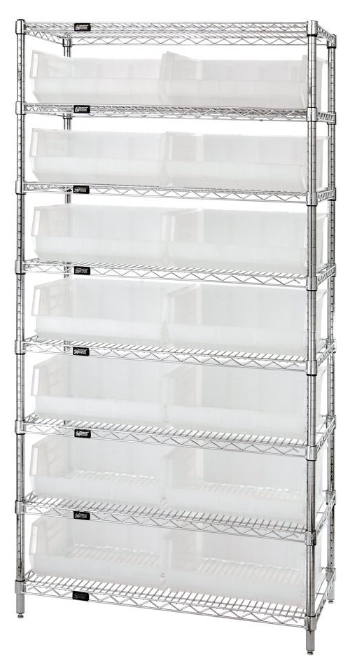 The chrome-plated Quantum Bin Wire Shelving System measures 36W x 14D x 74H and supports up to 800 lbs per shelf. It features eight shelves and fourteen QUS250 clear bins, offering a wireframe design for better visibility and access. Shipped KD.