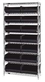 The Quantum Bin Wire Shelving System, 36W x 14D x 74H, features a chrome-plated finish with eight shelves that each support up to 800 lbs. It includes 14 QUS250 black bins neatly arranged on evenly spaced shelves.